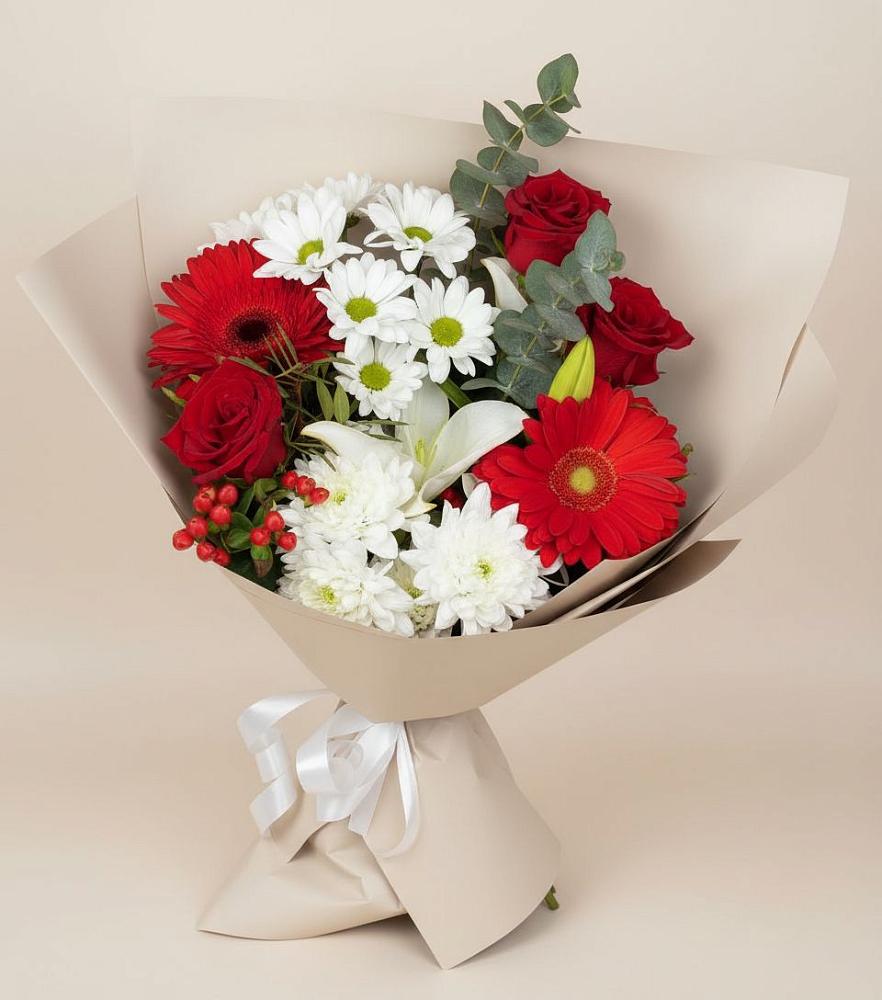 Букет цветов из: Розы, Хризантемы, Герберы и Лилии в Красном Куте