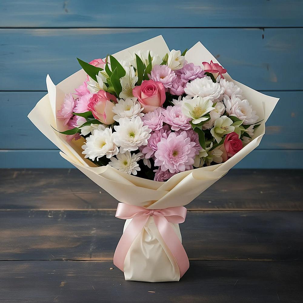 Букет цветов из: Хризантемы, Альстромерии и Розы в Красном Куте